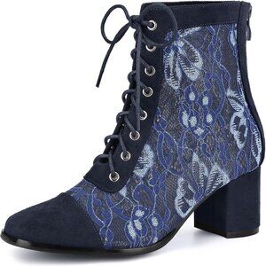 Ankle Boots for Women Dark Blue Rubber Lace Up Floral Lace Block Heels for Women